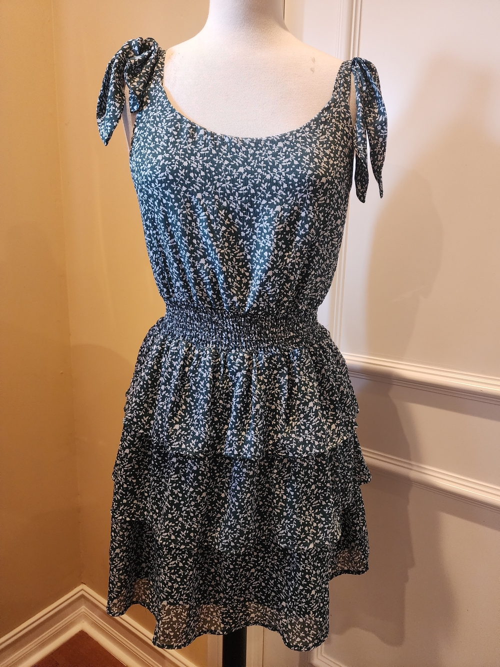 Tiered Tie-Shoulder Sundress in Dark Teal Floral